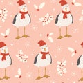 christmas seamless pattern background illustration with seagulls with santa claus hat, stars, mistletoe, berries and snowflakes Royalty Free Stock Photo