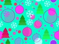 Christmas seamless pattern. Christmas balls in a linear style, snowflakes and geometric Christmas trees made of triangles