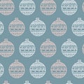 Christmas seamless pattern with Christmas balls in pastel colors and blue. Christmas toys print in scandi style