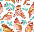 Seamless vector pattern with decorative birds and holly leafs Royalty Free Stock Photo