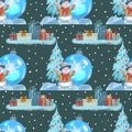 CHRISTMAS SEAMLESS PATTERN. BLUE BACKGROUND, SNOWFLAKES, CARTOON SNOWMAN, GIFT BOXES, FAIRY TREES. Royalty Free Stock Photo