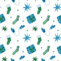 Christmas seamless pattern with blue and green festive socks, gifts, mittens and stars