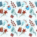CHRISTMAS SEAMLESS PATTERN.BOXES WITH GIFTS,CARTOON FLOWERS.WHITE BACKGROUND,SNOWFLAKES.