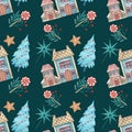 CHRISTMAS SEAMLESS PATTERN.BOXES WITH GIFTS,CARTOON TREES AND HOUSES.BLUE BACKGROUND
