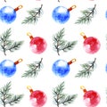 Christmas seamless pattern with branch tree and balls isolated on white background. Royalty Free Stock Photo