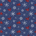 Christmas seamless pattern, branches with red berries snow and snowflakes, blue Royalty Free Stock Photo