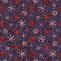 Christmas seamless pattern, branches with red berries, snow and snowflakes, purple Royalty Free Stock Photo