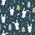 Christmas seamless pattern with bunny background, Winter pattern with white rabbit, wrapping paper, pattern fills