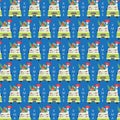 Christmas seamless pattern with car, santa, penguin, snowman and gifts