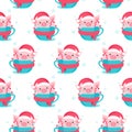 Christmas seamless pattern with cartoon piggy. Vector illustration.