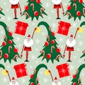 Christmas seamless pattern cartoon tall Santa pulls out a star from a decorated Christmas tree. Children\'s decor, textiles