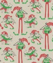 Christmas seamless pattern - cheerful funny gnomes are preparing for the New Year. Christmas tree, garland, gifts.