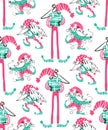 Christmas seamless pattern - cheerful funny gnomes are preparing for the New Year. Christmas tree, garland, gifts.
