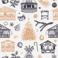 Christmas seamless pattern. Christmas fair background. Hand drawn vector illustration. Winter holiday marketplace. Wooden stall