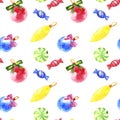 Christmas seamless pattern with colorful balls, sweets, bow isolated on white background. Royalty Free Stock Photo