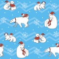 A Christmas seamless pattern with cubs polar bears and Mom bears in Christmas costumes, scarves, hats, parents and children vector Royalty Free Stock Photo