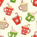 Christmas seamless pattern with cups hot cocoa, cartoon mugs with holiday drinks. Vector
