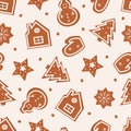 Christmas seamless pattern of curly gingerbread. Background of delicious chocolate cookies of various shapes Royalty Free Stock Photo