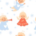 Christmas seamless pattern. Cute angel blond kids. Funny girls with trumpet and boy on white background with snowflakes Royalty Free Stock Photo