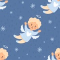 Christmas seamless pattern. Cute angel boy on blue background with snowflakes. Vector illustration in cartoon style Royalty Free Stock Photo