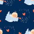 Christmas Seamless pattern with cute angel girl with pipe on blue background with snowflakes. Vector illustration in Royalty Free Stock Photo