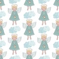 Christmas seamless pattern with cute angels with bell Royalty Free Stock Photo