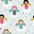 Christmas seamless pattern with cute angels singing in the sky Royalty Free Stock Photo