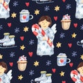 Christmas seamless pattern with cute angels, skates, coffee mugs and cupcakes decorated with berries on dra