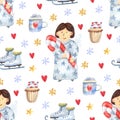 Watercolor Christmas seamless pattern with cute angels, skates, coffee mugs and cupcakes decorated with berries on white Royalty Free Stock Photo