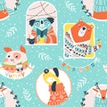 Christmas seamless pattern with cute animals on a blue snowfall background. Vector doodle illustration in simple