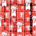 Christmas seamless pattern with cute bear character and gifts on red checked background Royalty Free Stock Photo