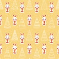 Christmas seamless pattern with cute bunny character and christmas tree on yellow background Royalty Free Stock Photo