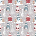 Christmas seamless pattern with cute cartoon penguin, polar bear, Santa Claus, snowman and christmas tree. Can be used for fabric