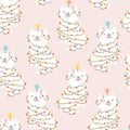 Christmas seamless pattern with a cute cat wearing a Christmas tree garland. Vector doodle illustration in simple Royalty Free Stock Photo