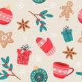 Christmas seamless pattern with cute cups, spices, ginger cookies and New Year decorations