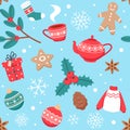 Christmas seamless pattern with cute cups, spices, ginger cookies and New Year decorations, vector illustration in flat style