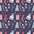 Christmas seamless pattern with cute elements, cozy clothes, candies, pine branches and gift boxes