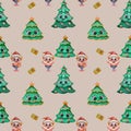 Christmas seamless pattern. Cute fabulous old Santa man with a gift and New Year`s festive tree on a beige background. Seamless Royalty Free Stock Photo