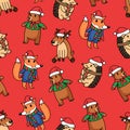 Christmas seamless pattern with a cute fox and deer with hedgehog in clothes. Animal character for holidays package and Royalty Free Stock Photo