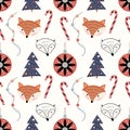 Christmas seamless pattern with cute foxes, Christmas tree and ornaments