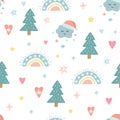 Christmas seamless pattern with cute funny characters. Unique decoration with rainbow, christmas tree, clouds