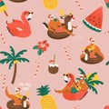 Christmas seamless pattern with cute funny Santa Claus animals with reindeer and flamingo inflatable ring. Tropical