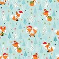 Christmas seamless pattern with cute little foxes wearing santa hat, blanket and scarf in spruce