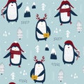 Christmas seamless pattern with cute penguin. Vector illustrations Royalty Free Stock Photo