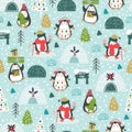 Christmas seamless pattern with cute penguins celebrating christmas in north pole village