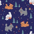 Christmas seamless pattern with cute poodles and Christmas trees. Vector graphics