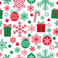 Christmas seamless pattern with cute red and green gifts, balls, stars and snowflakes isolated on white background Royalty Free Stock Photo