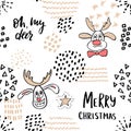 Christmas seamless pattern with cute reindeer and inscriptions. Hand Drawn illustration. Background with abstract elements. Royalty Free Stock Photo