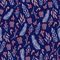 Christmas seamless pattern with cute christmas seasonal plants, fir branches, holly berries on blue background