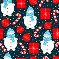 Christmas seamless pattern, cute snowman, candy cane, Christmas ball and red gift. Graphic design for textiles, paper, wallpaper. Royalty Free Stock Photo